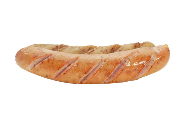 istock Fried smoked sausages or bratwurst isolated on white background. 655023802