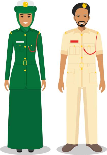 Couple of muslim policeman and policewoman standing together on white background in flat style. Police arabic concept. Flat design people characters. Vector illustration. Couple of arabian police people isolated on white background. Set of policeman and policewoman standing together. Cute and simple in flat style. department of homeland security stock illustrations
