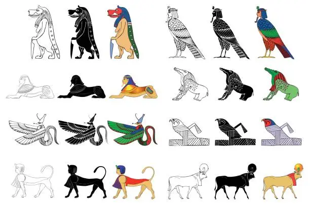 Vector illustration of Various creatures of the ancient Egyp