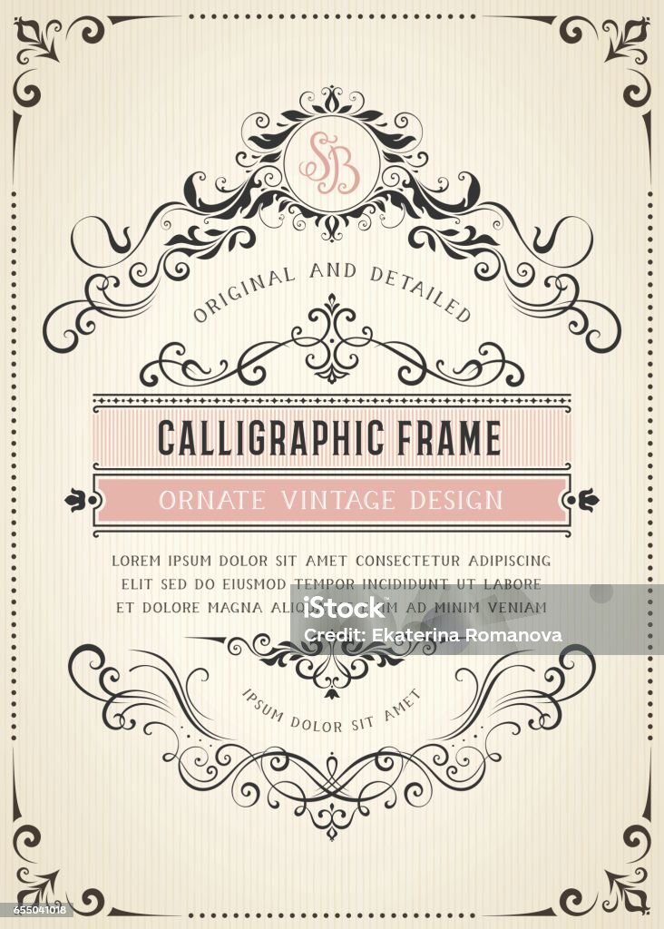 Vintage Card Design_04 Vertical vintage ornate template with monogram and typographic design, calligraphy swirls and swashes. Can be used for retro invitations and royal certificates. Vector illustration. Corner stock vector