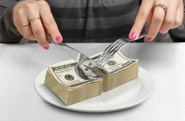 cut money on plate, cut budget concept - divided plate imagens e fotografias de stock