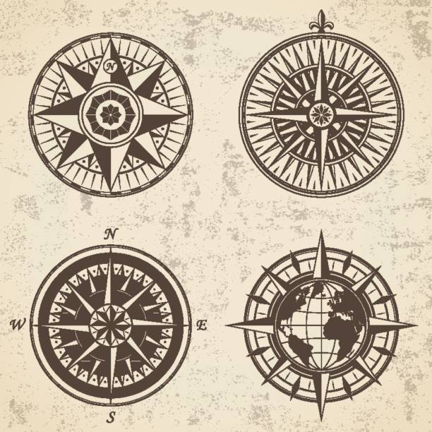 illustrations, cliparts, dessins animés et icônes de ensemble de vintage antique rose des vents compas nautique signe éléments emblèmes étiquettes. - map compass old globe