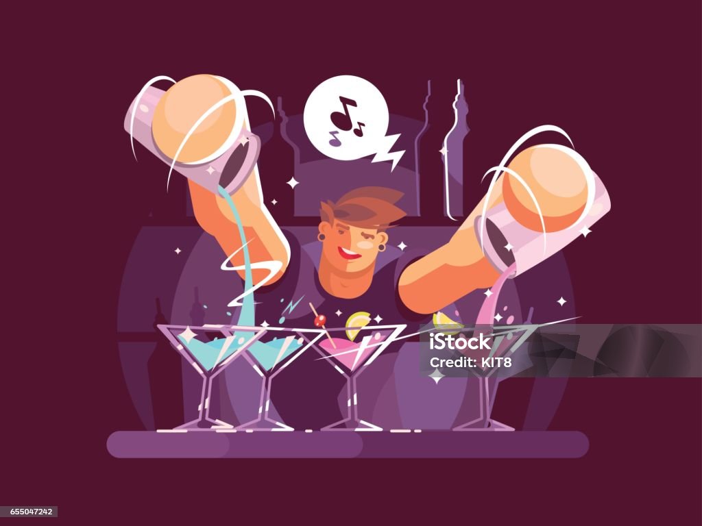 Young bartender pouring drinks Young bartender pouring drinks. Night club worker at bar. Vector illustration Party - Social Event stock vector