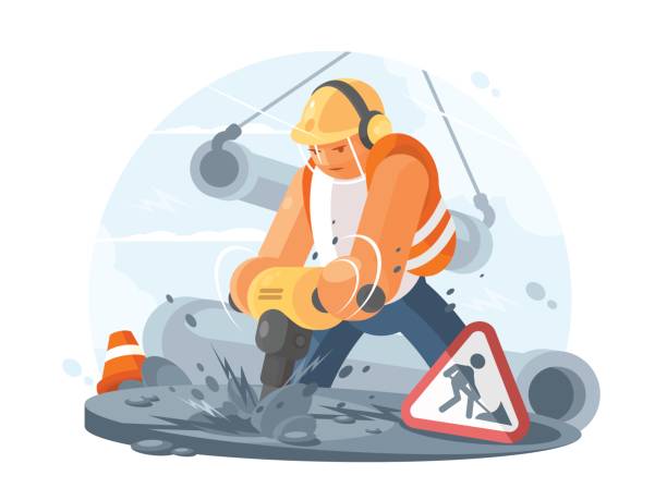 illustrazioni stock, clip art, cartoni animati e icone di tendenza di operaio stradale con punzonatore - jackhammer road construction construction worker road