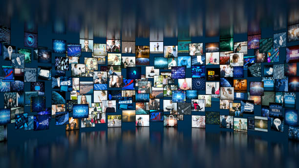 Media concept video wall with small screens stock photo