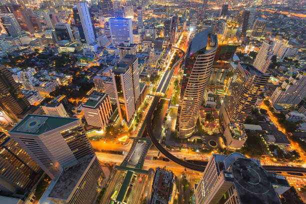 istock Night aerial view city central business downtown 655052690