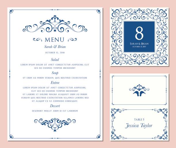 illustrazioni stock, clip art, cartoni animati e icone di tendenza di menu_set_01 - invitation blue old fashioned contemporary