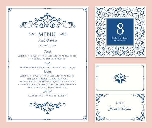 Menu_Set_01 Ornate classic templates set in vintage style. Wedding menu, table number and name place card design. Vector illustration. restaurant table card stock illustrations