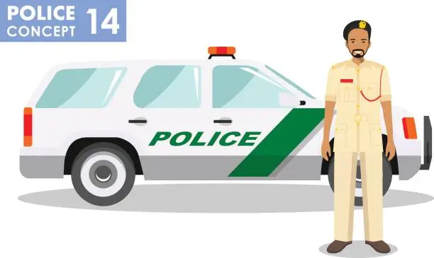 Vector illustration of Policeman concept. Detailed illustration of arabian muslim policeman officer and police car in flat style on white background. Vector illustration