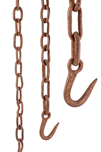 Rusty chain and hook isolated on white background