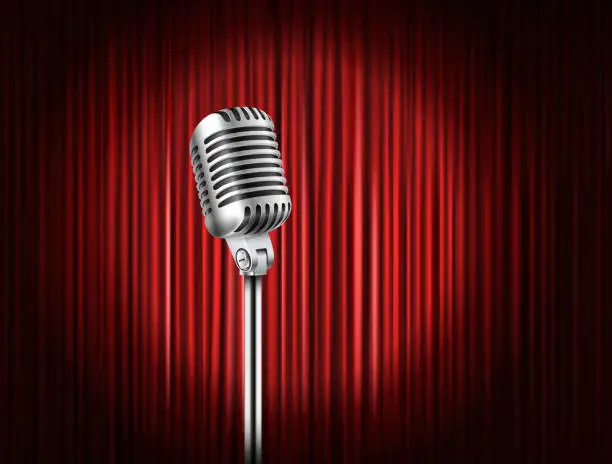 Vector illustration of Stage curtains with shining microphone vector illustration. Standup comedy show concept