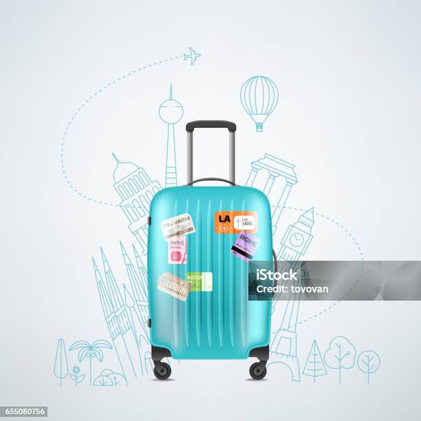 Farbe Kunststoff Reisetasche Mit Verschiedenen Reiseelementen Stock Vektor Art und mehr Bilder von Reise