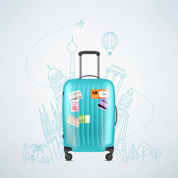 illustrazioni stock, clip art, cartoni animati e icone di tendenza di borsa da viaggio in plastica a colori con diversi elementi di viaggio - valigia