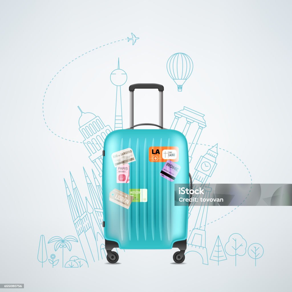 Plástico de cor de viagem saco com elementos de diferentes viagens - Vetor de Viagem royalty-free