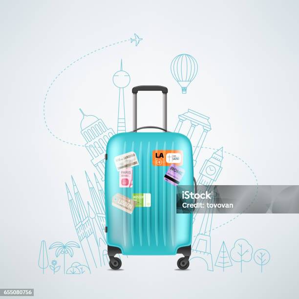 Color Plastic Travel Bag With Different Travel Elements Stock Illustration - Download Image Now