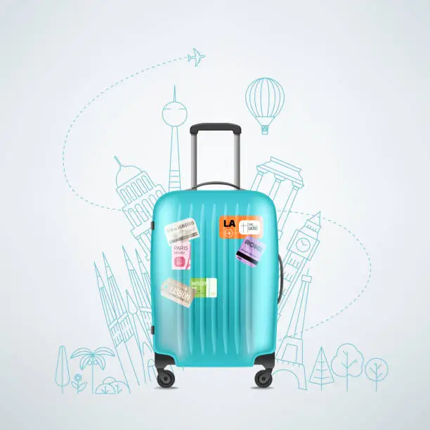 Vector illustration of Color plastic travel bag with different travel elements