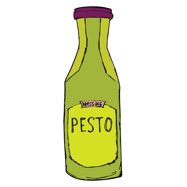 pesto 항아리입니다. 손으로 그린 스케치 그림입니다. pesto 병 격리 화이트에. - jar pesto sauce packaging food stock illustrations