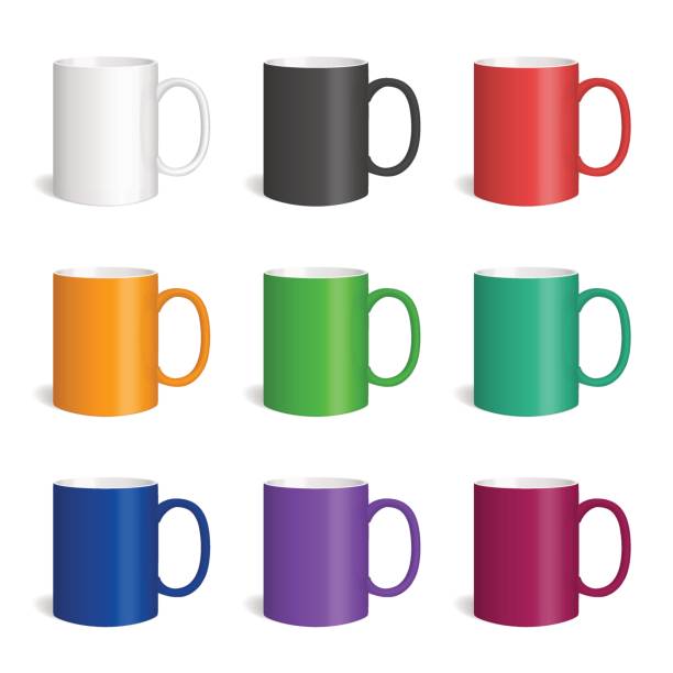 Vector set of realistic colored cearmic mugs. Vector set of realistic colored cearmic mugs. Isolated cups with shadow on white background. blue cup stock illustrations