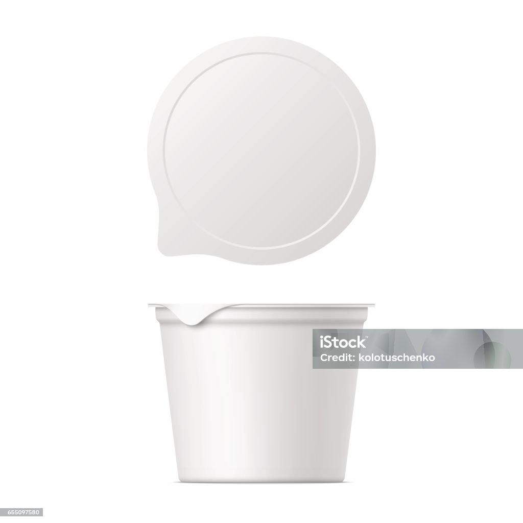 realistic yogurt, ice cream or sour creme package Vector realistic yogurt, ice cream or sour creme package on white backgrounnd. 3D mock up of container with lid isolated. Template for your design. Top and front view. Yogurt stock vector