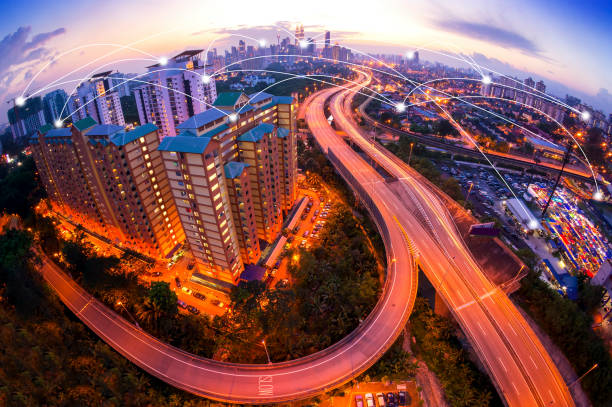 istock Kuala Lumpur cityscape and network connection concept. Fisheye lens effect. 655104298