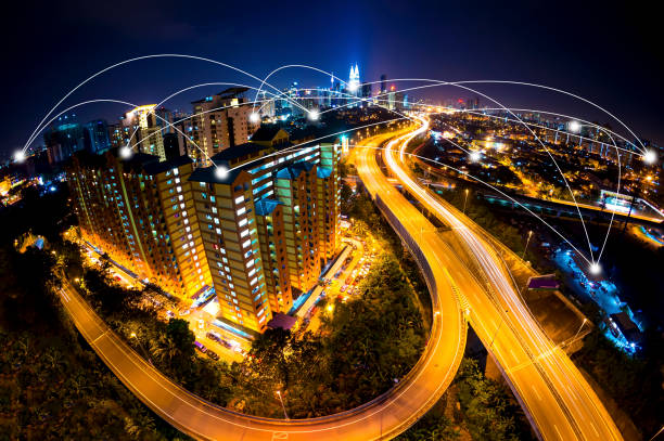 istock Kuala Lumpur cityscape and network connection concept. Fisheye lens effect. 655104328
