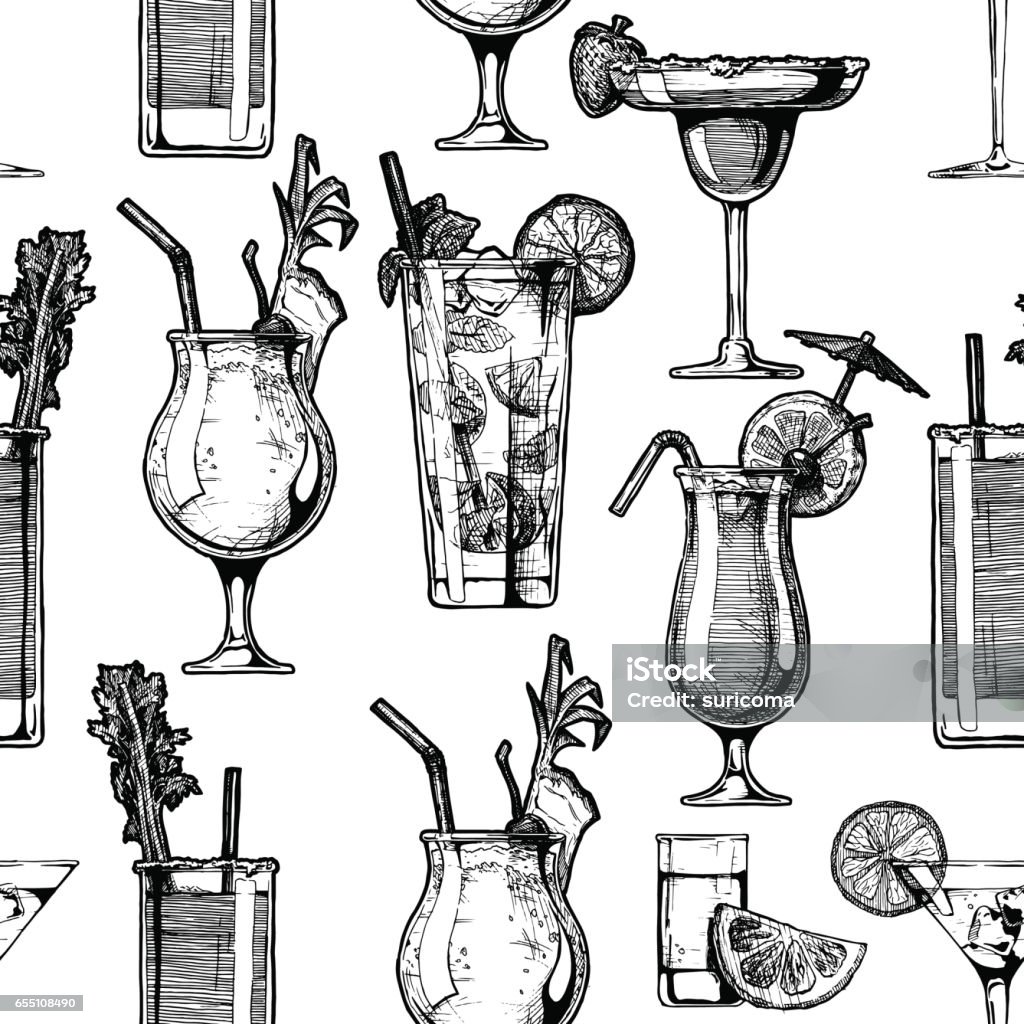 pattern with different cocktails Seamless pattern with different cocktails in glasses goblets. vector  illustration in old fashioned hand drawn style on white background. Cocktail stock vector