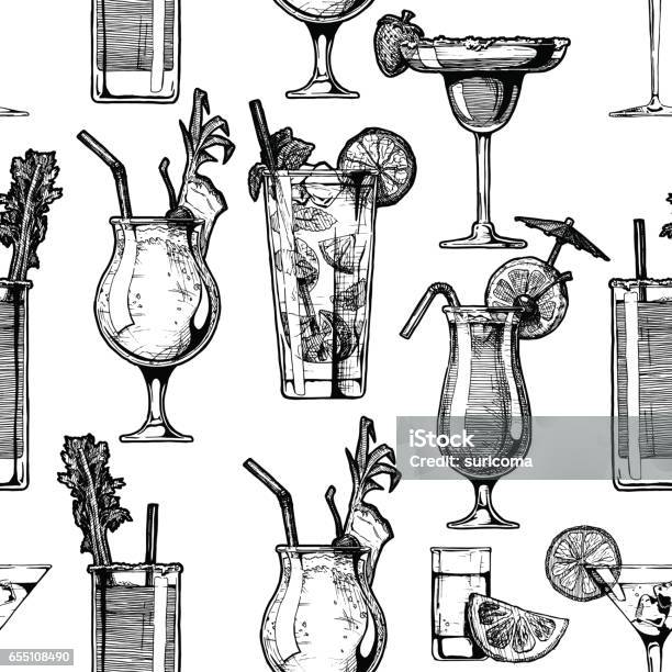 Pattern With Different Cocktails Stock Illustration - Download Image Now - Cocktail, Engraving, Drink