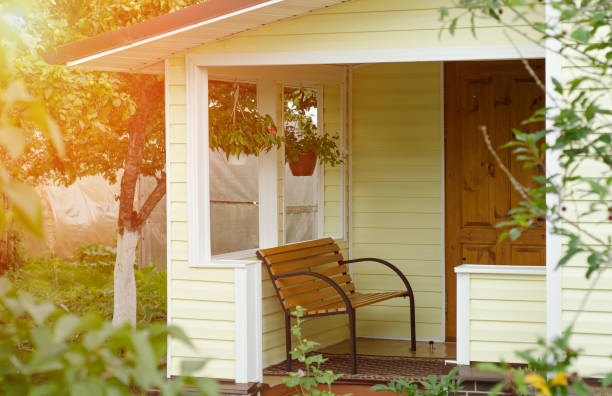 istock Entrance porch decorated with bench. 655118844