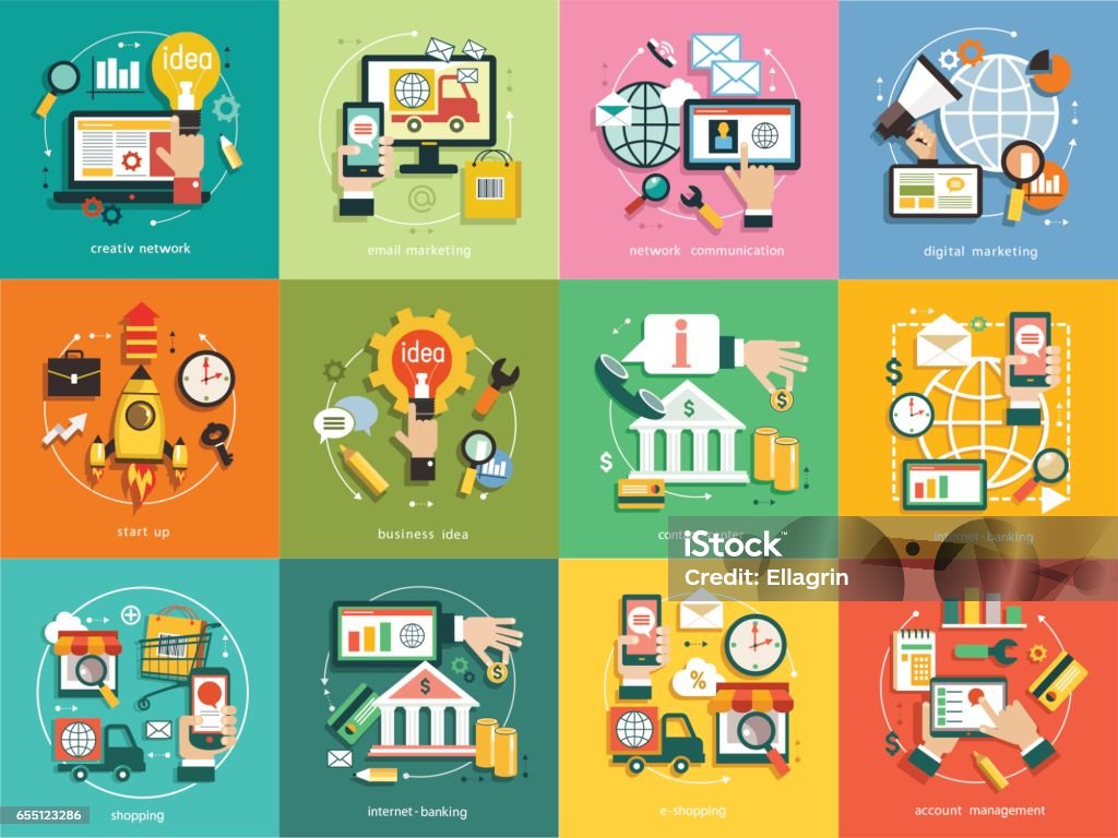 infographics background business infographics background business. Business concept. Set icons. Сreativ network, email marketing, network communication, digital marketing, start up, business idea, contact center, internet banking, shopping, account management. Electronic Banking stock vector