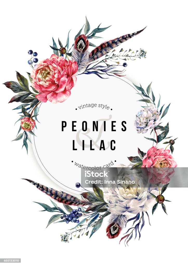 Carte de Boho Aquarelle avec pivoines et plumes - Illustration de Fleur - Flore libre de droits