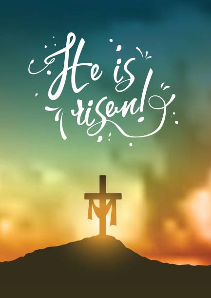 Christian easter scene, Saviour's cross on dramatic sunrise scene, with text He is risen, illustration vector art illustration