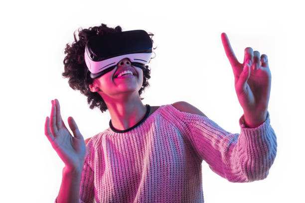 istock Cheerful female in VR headset 655135024