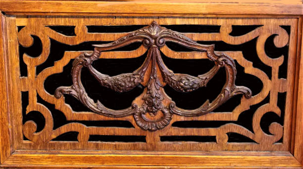 istock Intricately Detailed Craftsmanship created by Skilled Woodworker adorns the Acoustic Panel on this Antique Victrola Record Player 655137236