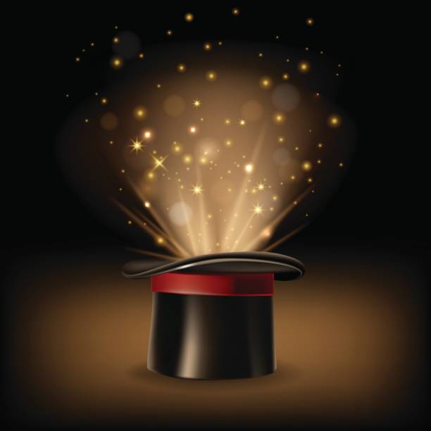 Magic hat with magic lights on dark brown background. Magic hat with magic lights on dark brown background. Vector illustration. sorcerer hat stock illustrations