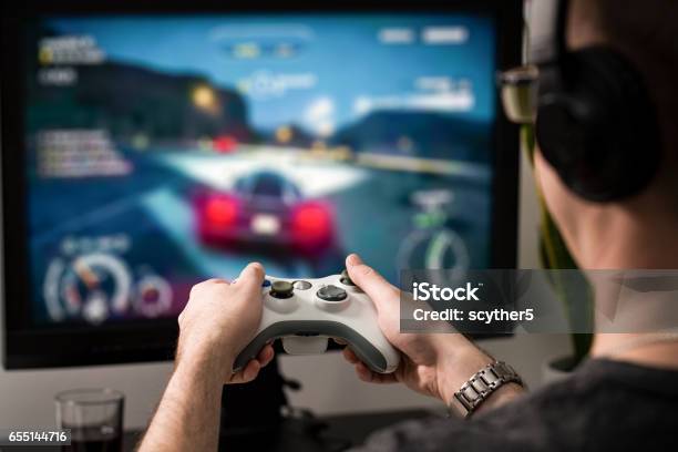 Gaming Game Play Video On Tv Or Monitor Gamer Concept Stock Photo - Download Image Now