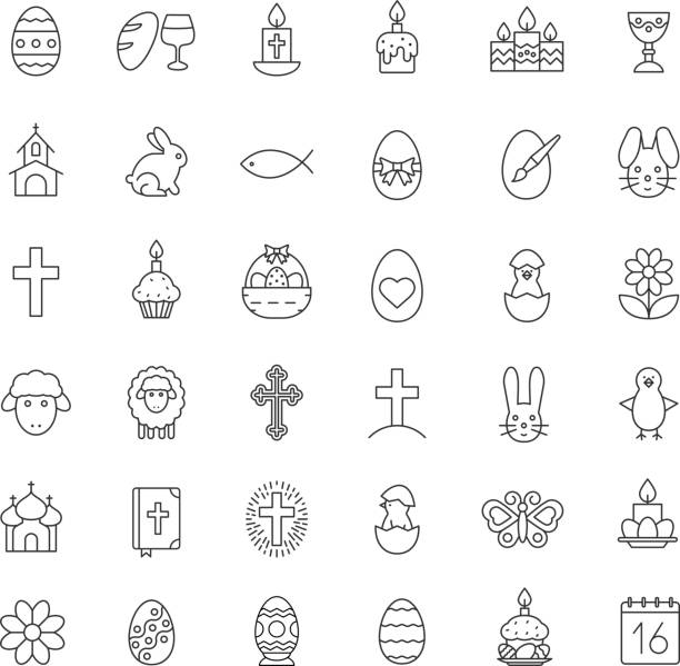 Easter icons Easter linear vector icons. Thin line. Easter bunny, eggs, cake, cross, lamb, chicken, church, candles, Holy Bible, April 16 calendar, wine and bread easter cake stock illustrations