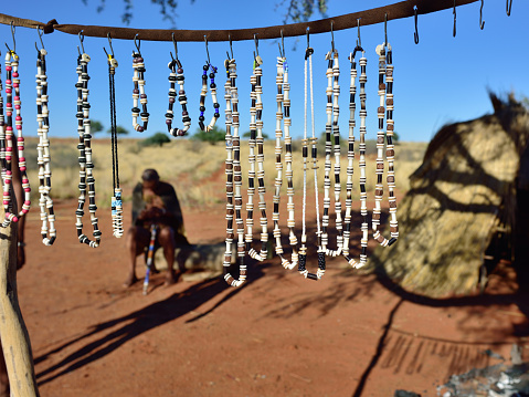 Handmade bijouterie in bushmens village. The San people, also known as Bushmen are members of various indigenous hunter-gatherer peoples of Southern Africa