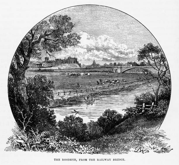 рудей с железнодорожного моста, честер, англия викторианская гравюра, 1840 - dee river illustrations stock illustrations