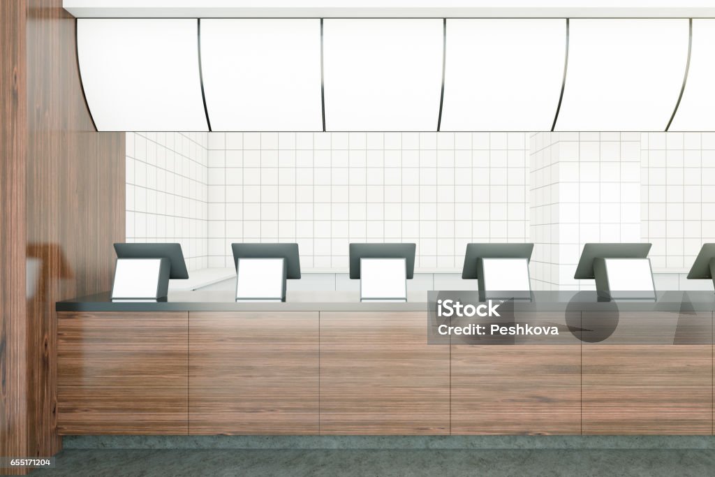 Wooden fast food counters Wooden fast food restaurant counters with empty displays. Advertisment concept. Mock up, 3D Rendering Fast Food Restaurant Stock Photo