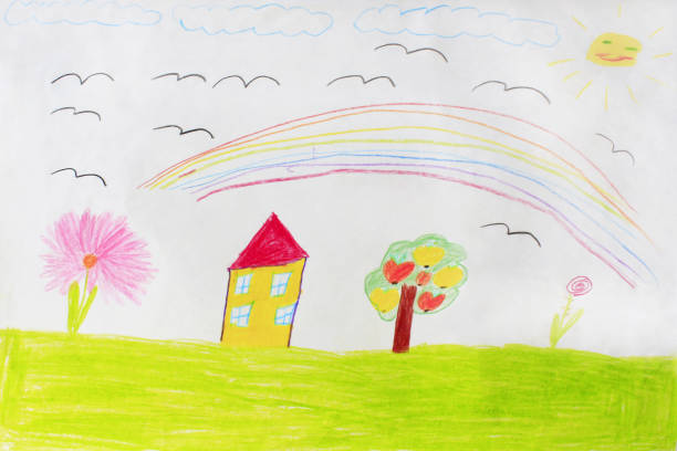 istock Childish drawing of house tree and rainbow 655178952