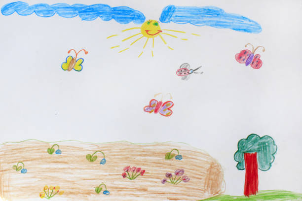 istock Childish drawing of tree and flying butterflies 655179106