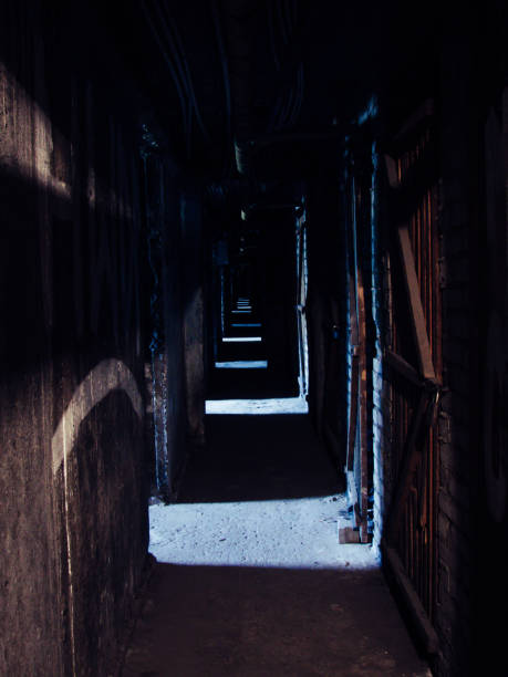 istock Long dark creepy hallway in abandoned industrial basement. 655179348