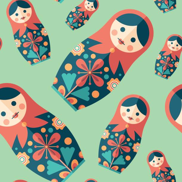 tradycyjna lalka gniazdująca płaska ikona bez szwu wzór. - russian nesting doll gender symbol human gender russian culture stock illustrations