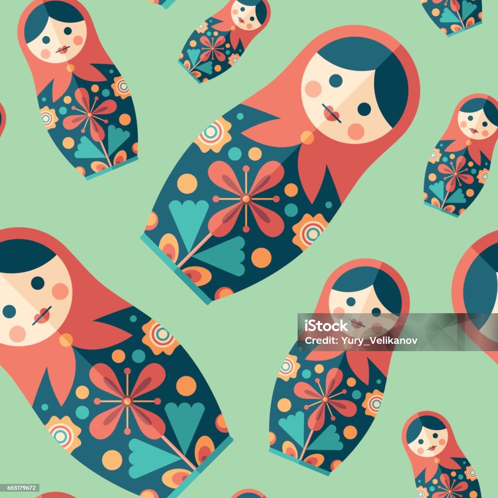 Traditional nesting doll flat icon seamless pattern. Russian seasons flat icon seamless pattern. Russian Nesting Doll stock vector