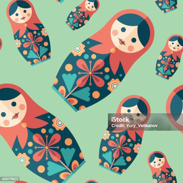 Traditional Nesting Doll Flat Icon Seamless Pattern Stock Illustration - Download Image Now