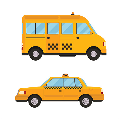 Taxi yellow bus car isolated on white background. Vector yellow taxi bus van and cab transport traffic urban. Road street service yellow taxi bus car isolated. Van truck taxi bus