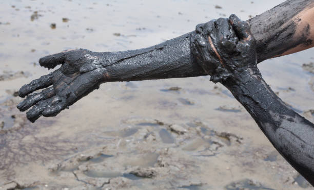 istock Smearing black healing mud on the arm. 655182782