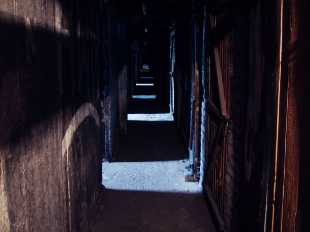 istock Long dark creepy hallway in abandoned industrial basement. 655185174