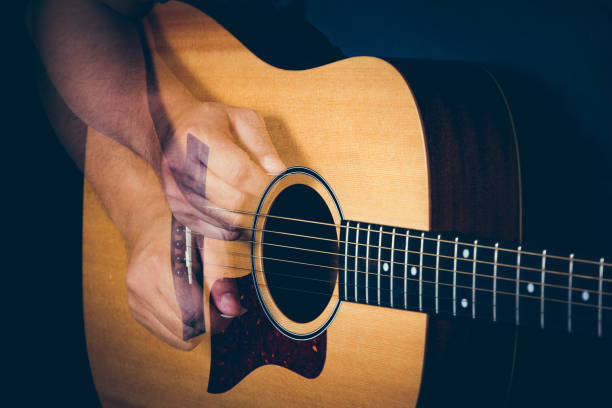istock Musician's hand is strumming a yellow acoustic guitar 655193280