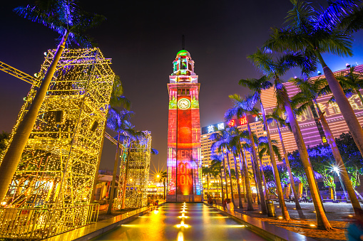 Hong Kong, China - December 5, 2016: scenic light show at Clock Tower, Tsim Sha Tsui. The landmark 44 meter tower is the only remnant of the original Kowloon Station on the Kowloon-Canton Railway.